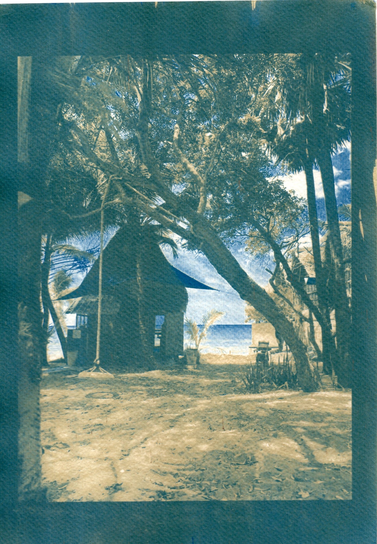 Pondicherry beach cyanotype duotone art print